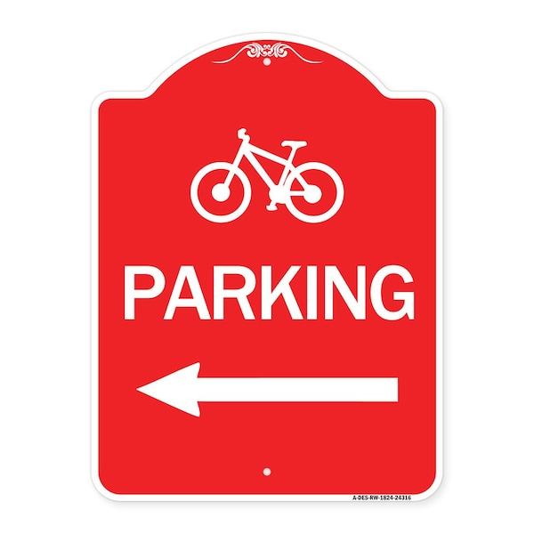 Bicycle Symbol Parking Left Arrow, Red & White Aluminum Architectural Sign, 18" x 24", RW-1824-24316